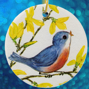 Kute Singing Blue Bird Tree Keramisch Ornament