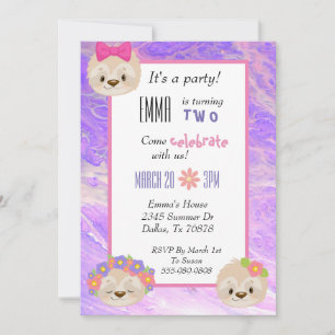 Kute Sloth Pink Paarse Child's Birthday Invitation Kaart