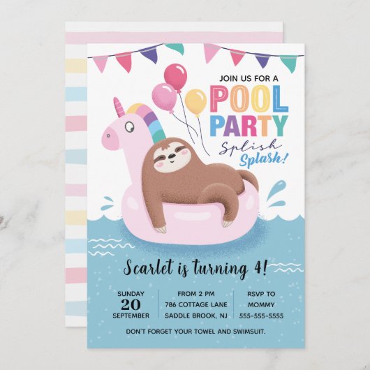 Kute Sloth Pool Party Birthday Uitnodiging (Voorkant / Achterkant)