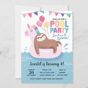 Kute Sloth Pool Party Birthday Uitnodiging
