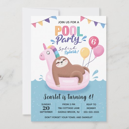 Kute Sloth Pool Party Birthday Uitnodiging (Voorkant)