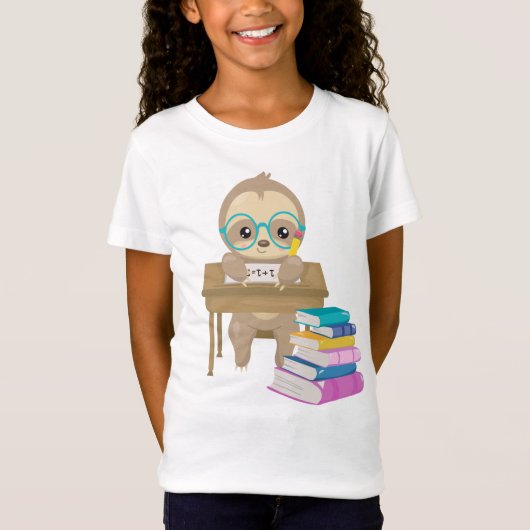 Kute Sloth School Desk Wiskunde Schrijvende Readin T-shirt (Voorkant)