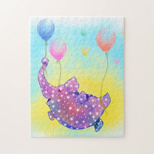 Kute Starry Elephant Flying with Colorful Balloons Legpuzzel
