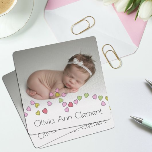 Kute String of Hearts Photo Birth Announcement Kaart