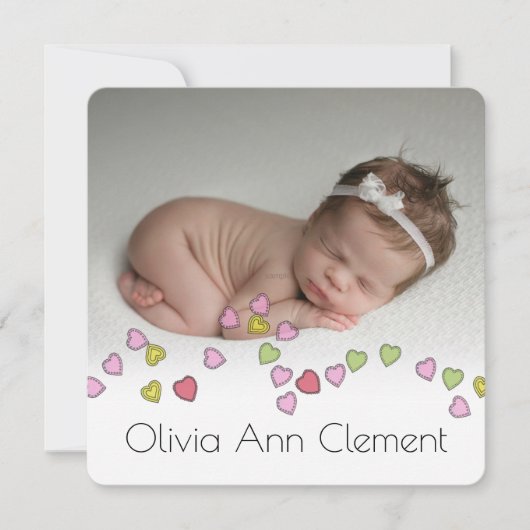 Kute String of Hearts Photo Birth Announcement Kaart (Voorkant)