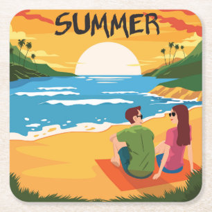 Kute Summer op de Beach Scene Vierkante Kartonnen Onderzetter