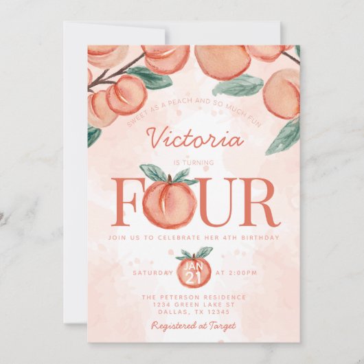 Kute Sweet Peach die VIER 4e verjaardag geeft Kaart (Voorkant)