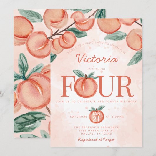 Kute Sweet Peach die VIER 4e verjaardag geeft Kaart (Voorkant / Achterkant)