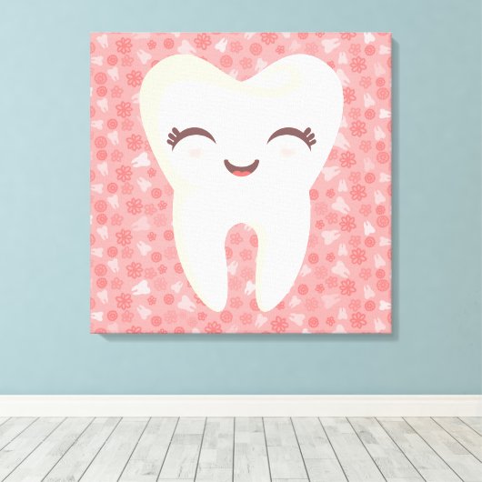 Kute tand op roze patroon - Vergerasterde canvasku Canvas Afdruk (Insitu (Houten vloer))