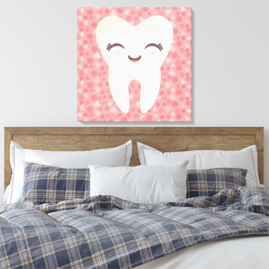 Kute tand op roze patroon - Vergerasterde canvasku Canvas Afdruk (Insitu (Slaapkamer))
