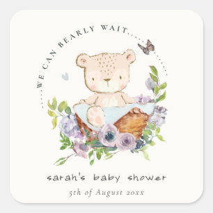 Kute Teddy Bear in Flower Basket Blue Baby shower Vierkante Sticker
