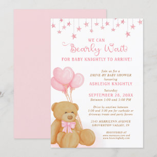 Kute Teddy Bear Pink-ballonnen die op Baby shower  Kaart