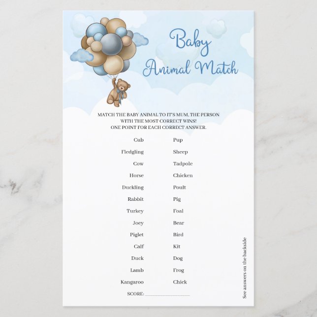 Kute teddy beenblauwe ballonnen Baby Animal Match (Voorkant)