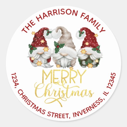 Kute Three Gnomes Merry-kerstadres Ronde Sticker (Voorkant)