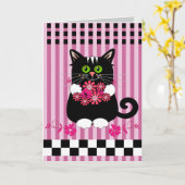 Kute verjaardagskaart met kat die bloemen aanbiedt kaart (Gele Bloem)