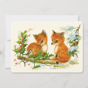 Kute Vintage Foxes Retro Kerstmis Scene Feestdagenkaart