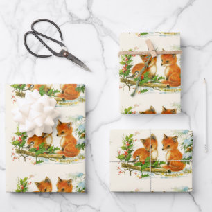Kute Vintage Foxes Retro Kerstmis Scene Inpakpapier Vel