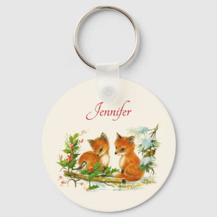 Kute Vintage Foxes Retro Kerstmis Scene Sleutelhanger