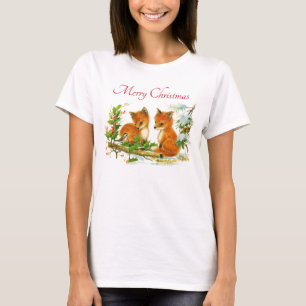 Kute Vintage Foxes Retro Kerstmis Scene T-shirt