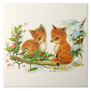 Kute Vintage Foxes Retro Kerstmis Scene Tegeltje