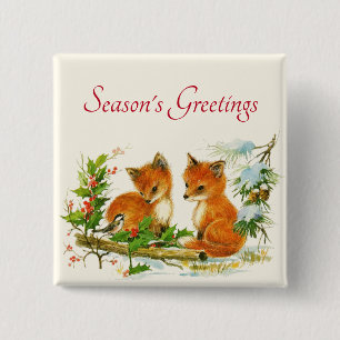 Kute Vintage Foxes Retro Kerstmis Scene Vierkante Button 5,1 Cm