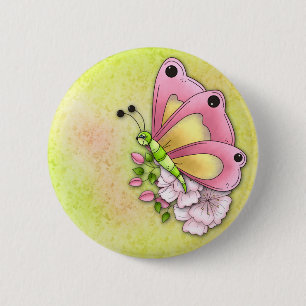 Kute vlinder en bloemen ronde button 5,7 cm