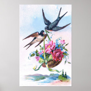 Kute  vogels en bloemen bloemen poster