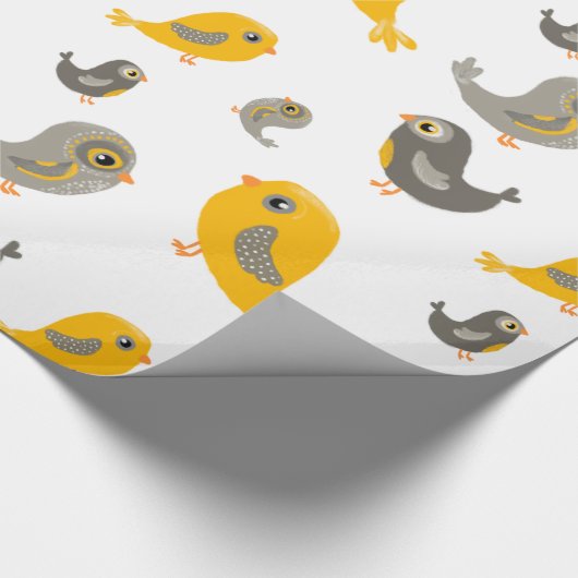 Kute vogels - geel en grijs cadeaupapier (Hoek)
