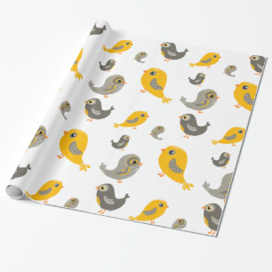 Kute vogels - geel en grijs cadeaupapier