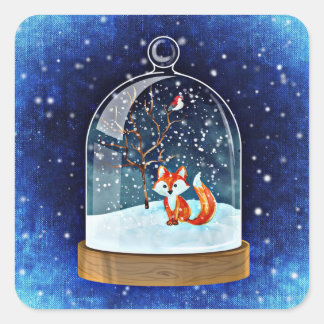 Kute vos in een sneeuwwereldbol vierkante sticker