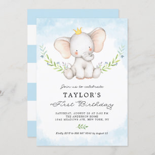 Kute Waterverf Baby Elephant Boy First Birthday Kaart