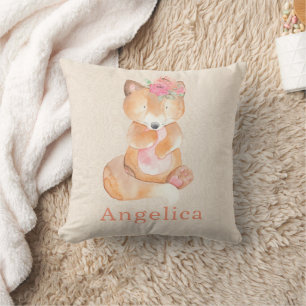 Kute Waterverf Baby vos met bloemen Kussen