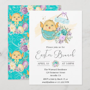 Kute Waterverf Floral Chick in Egg Easter Brunch Kaart