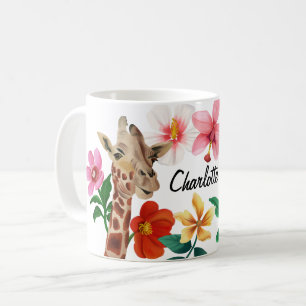 Kute Waterverf Giraffe Floral Name Koffiemok