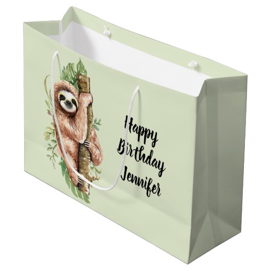 Kute Waterverf Sloth & Tropical Leaves Birthday Groot Cadeauzakje (Voorkant Gekanteld)