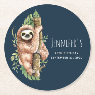 Kute Waterverf Sloth & Tropical Leaves Birthday Ronde Kartonnen Onderzetter