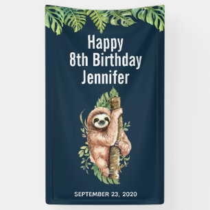 Kute Waterverf Sloth & Tropical Leaves Birthday Spandoek