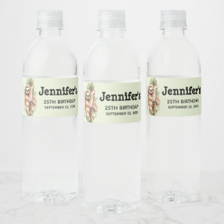 Kute Waterverf Sloth & Tropical Leaves Birthday Waterfles Etiket