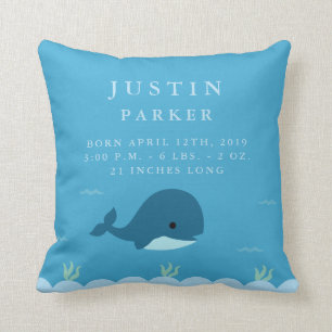 Kute Whale Birth Announement Stats Nursery Pillow Kussen