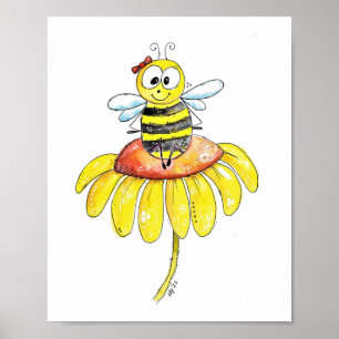 Kute Whimsical Bee op een Bloem Poster