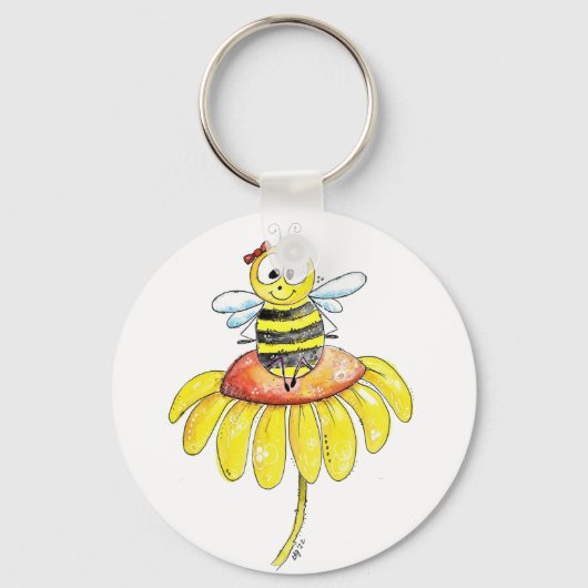 Kute Whimsical Bee op een Bloem Sleutelhanger (Voorkant)