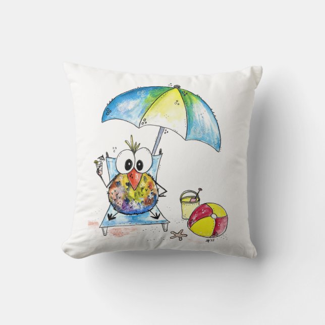 Kute Whimsical Bird op Beach Kussen (Voorkant)