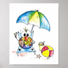 Kute Whimsical Bird op Beach Poster
