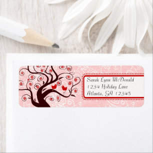 Kute Whimsical Birds in Swirl Tree Red Pink Stippe Etiket