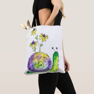 Kute Whimsical Happy Snail met gele bloemen Draagtas