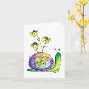 Kute Whimsical Happy Snail met gele bloemen Kaart