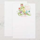 Kute Whimsical Owl n Butterfly Scroll Floral Art Briefpapier (Voorkant / Achterkant)