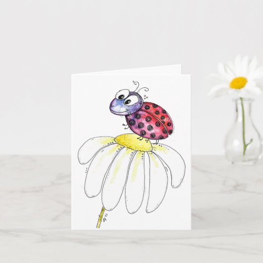 Kute Whimsical Red Ladybug op een witte trap Kaart (Kleine Plant)