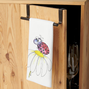 Kute Whimsical Red Ladybug op een witte trap Theedoek