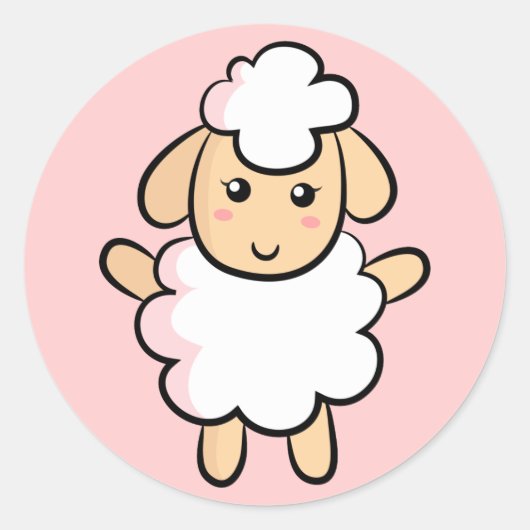 Kute White Cartoon Sheep met roze schaduwen Ronde Sticker (Voorkant)
